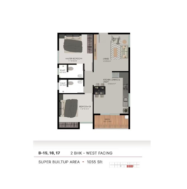 Floor plan of 2 BHK 1055 Sq. Ft. Apartment in Modern 302 West, Bangalore