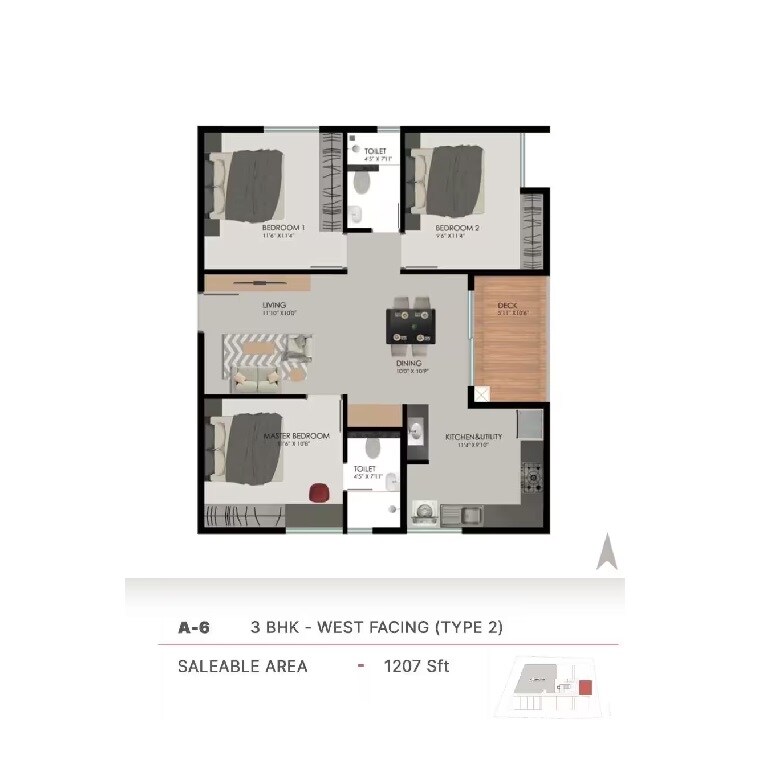 Floor plan of 3 BHK 1207 Sq. Ft. Apartment in Modern 302 West, Bangalore