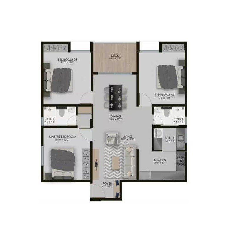 Floor plan of 3 BHK 1458 Sq. Ft. Apartment in Modern 302 West, Bangalore