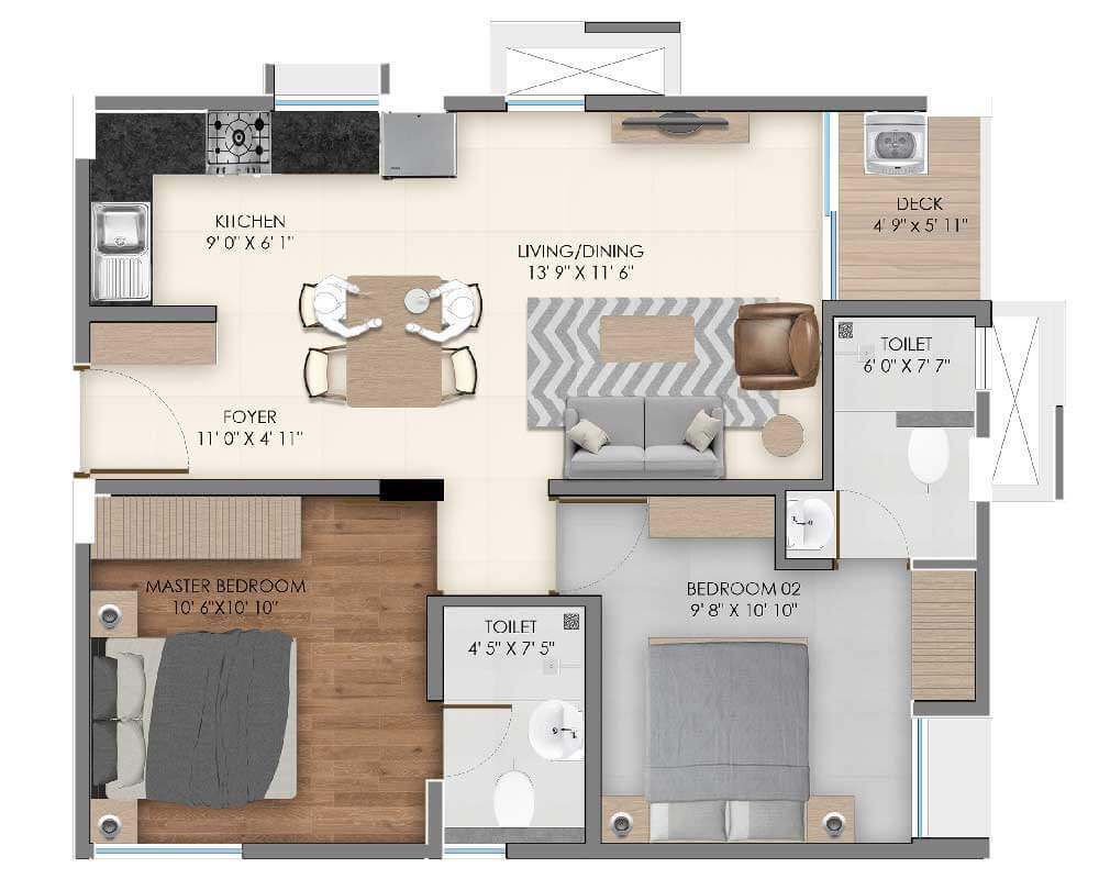 Floor plan of 2 BHK 859 Sq. Ft. Apartment in Modern 312 West, Bangalore