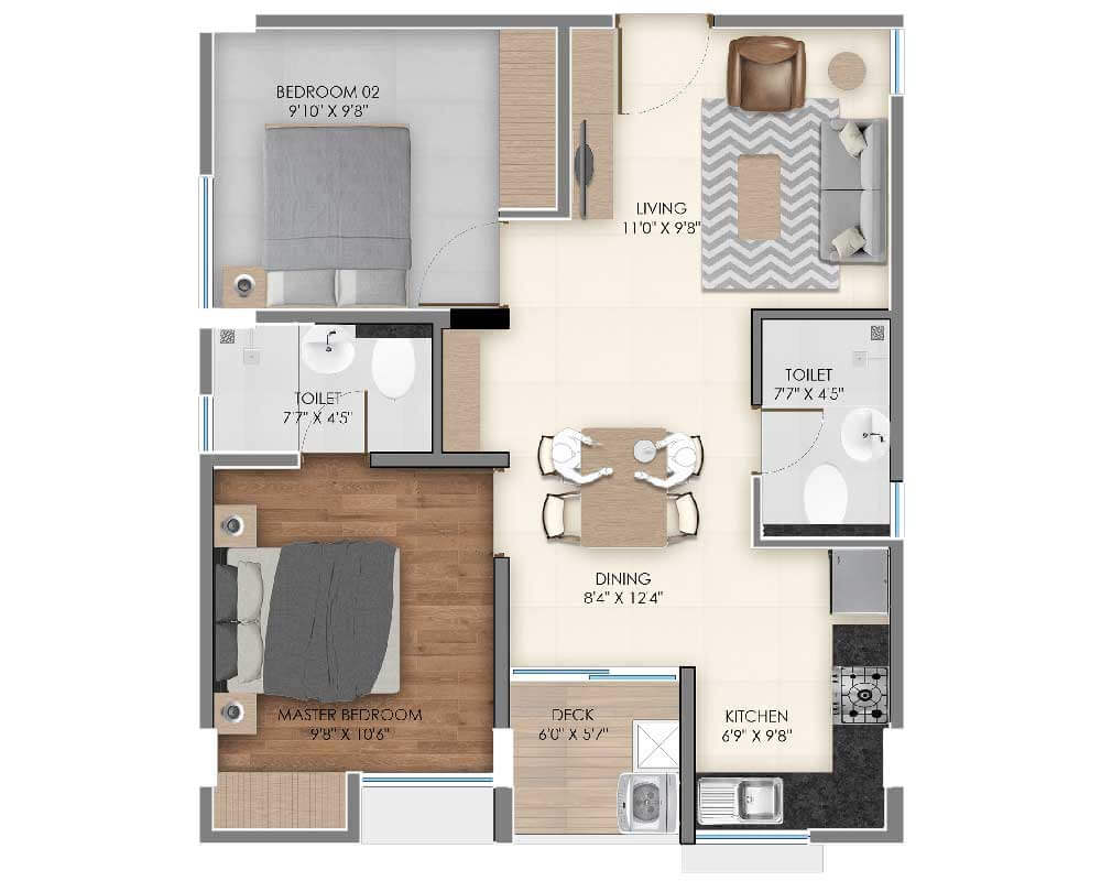 Floor plan of 2 BHK 875 Sq. Ft. Apartment in Modern 312 West, Bangalore