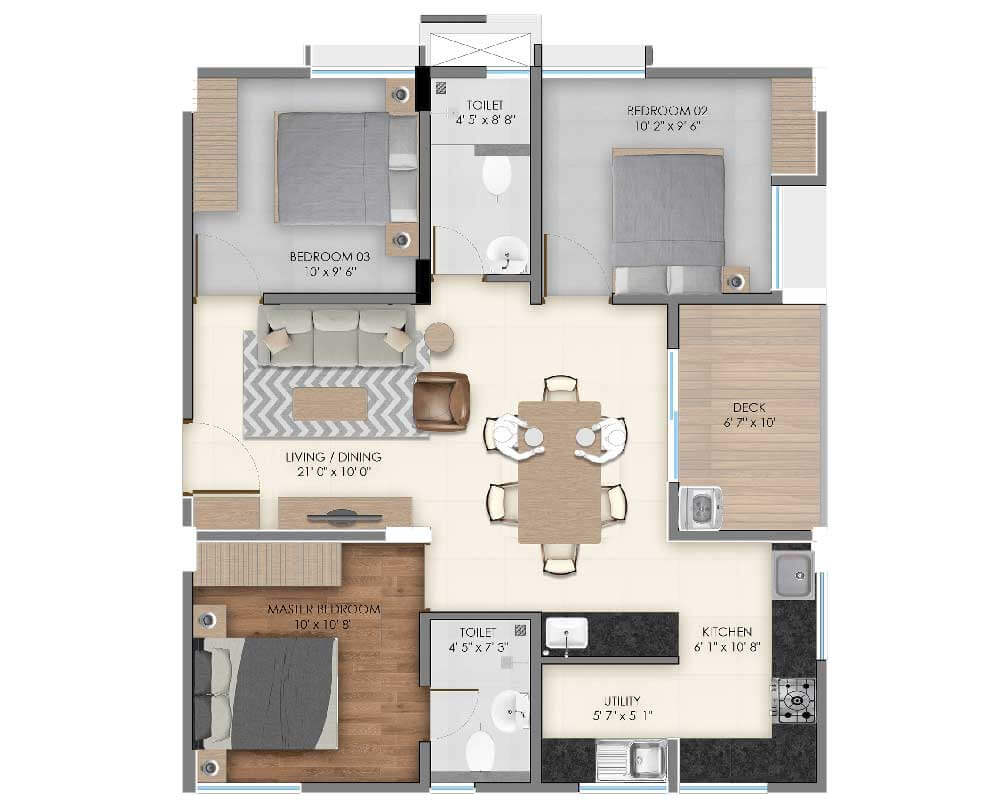 Floor plan of 3 BHK 1163 Sq. Ft. Apartment in Modern 312 West, Bangalore