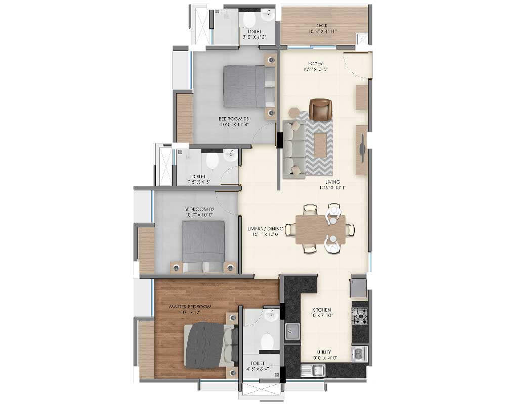 Floor plan of 3 BHK 1447 Sq. Ft. Apartment in Modern 312 West, Bangalore