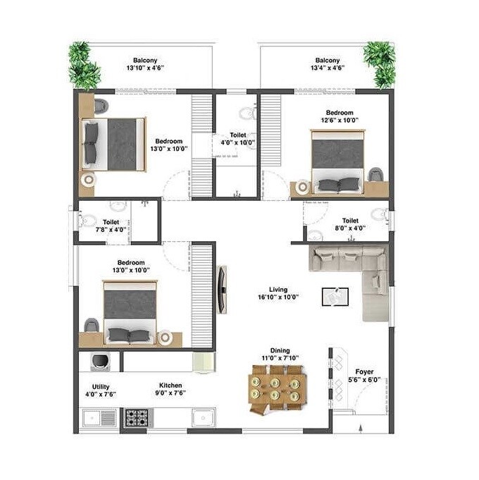 Floor plan of 3 BHK 1445 Sq. Ft. Apartment in Modern 77 East, Bangalore
