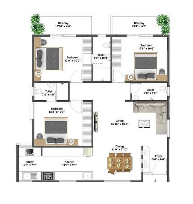 Floor plan of 3 BHK 1495 Sq. Ft. Apartment in Modern 77 East, Bangalore