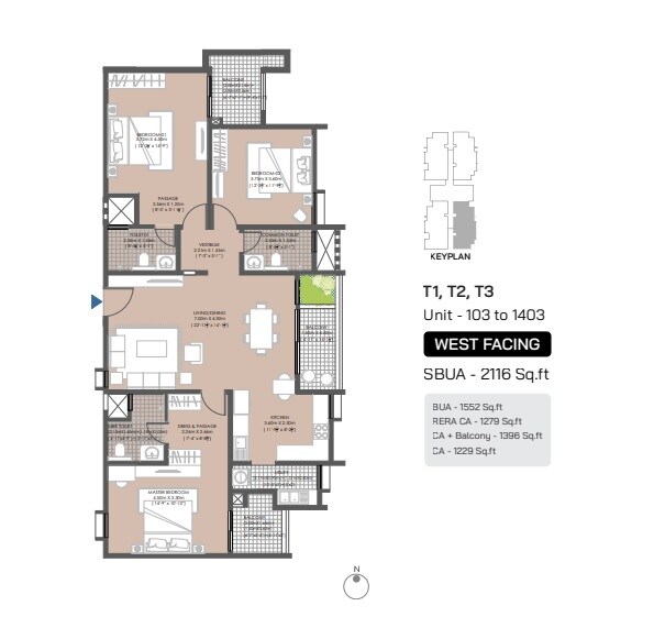 Floor plan of 3 BHK 2116 Sq. Ft. Apartment in Modern Engrace Vista, Bangalore