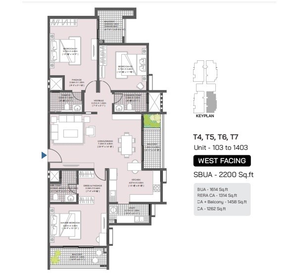 Floor plan of 3 BHK 2200 Sq. Ft. Apartment in Modern Engrace Vista, Bangalore