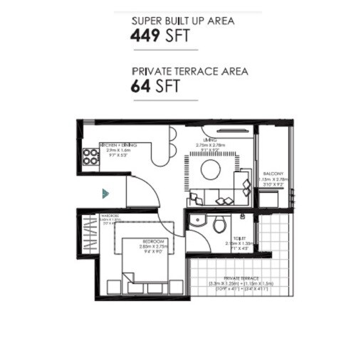 Floor plan of 1 BHK 449 Sq. Ft. Apartment in Modern Soul Tree, Bangalore