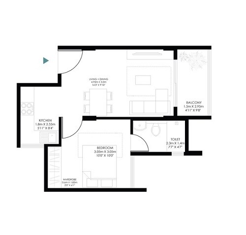 Floor plan of 1 BHK 568 Sq. Ft. Apartment in Modern Soul Tree, Bangalore