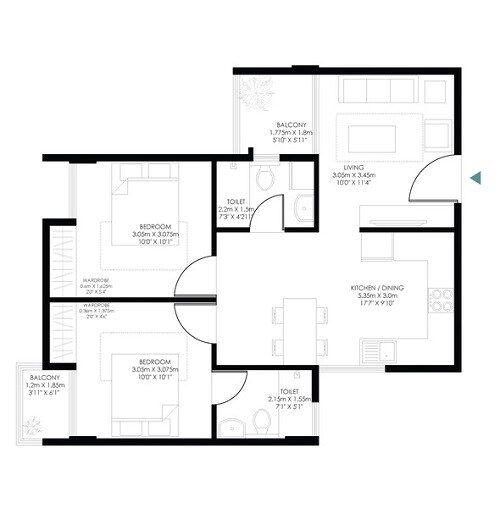 Floor plan of 2 BHK 760 Sq. Ft. Apartment in Modern Soul Tree, Bangalore