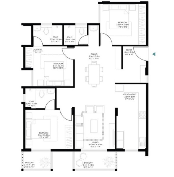 Floor plan of 3 BHK 1564 Sq. Ft. Apartment in Modern Soul Tree, Bangalore