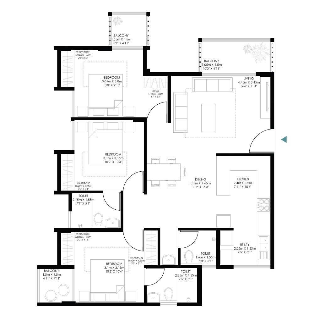 3 BHK 903 Sq. Ft. Apartment