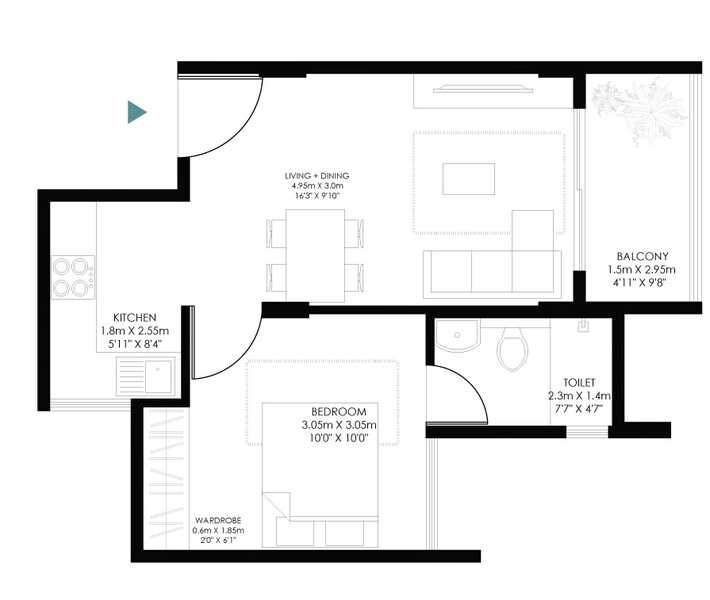 Floor plan of 1 BHK 485 Sq. Ft. Apartment in Modern Soul Tree Serinity, Bangalore