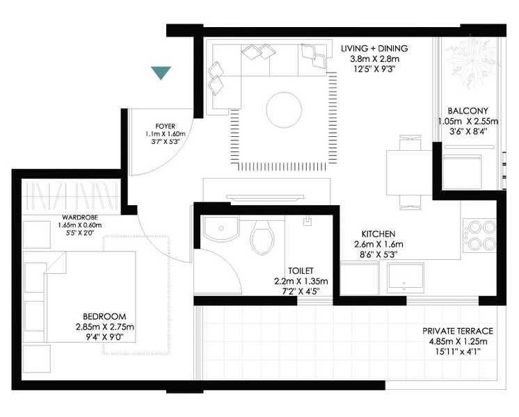 Floor plan of 1 BHK 568 Sq. Ft. Apartment in Modern Soul Tree Serinity, Bangalore
