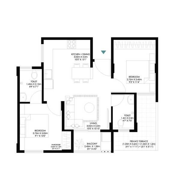 Floor plan of 2 BHK 1145 Sq. Ft. Apartment in Modern Soul Tree Serinity, Bangalore