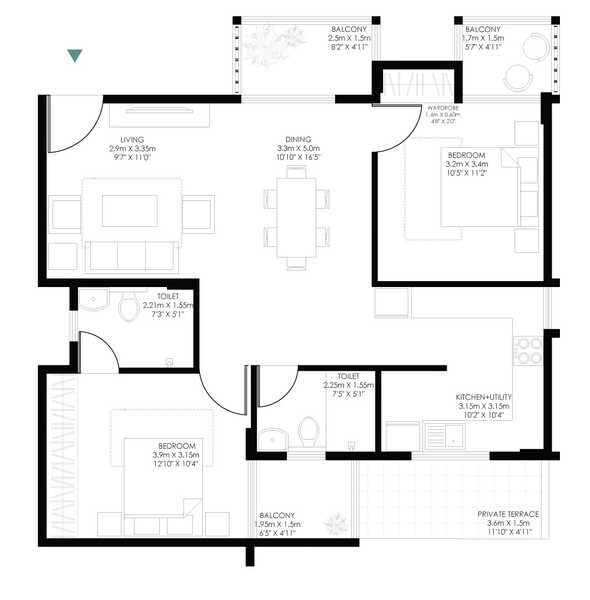 Floor plan of 2 BHK 760 Sq. Ft. Apartment in Modern Soul Tree Serinity, Bangalore