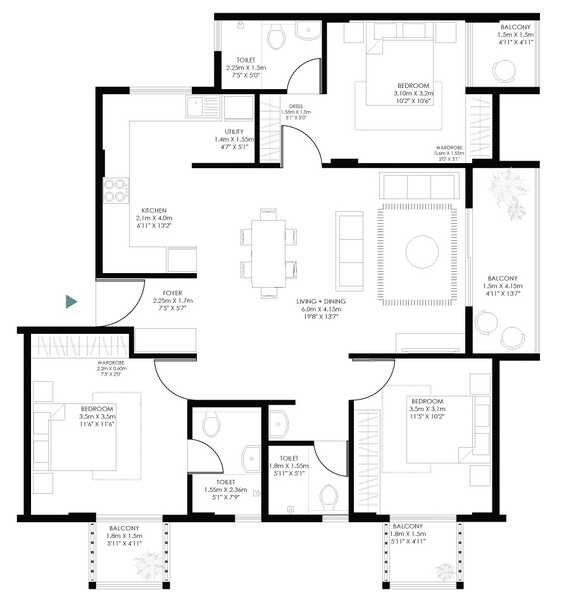 Floor plan of 3 BHK 1564 Sq. Ft. Apartment in Modern Soul Tree Serinity, Bangalore