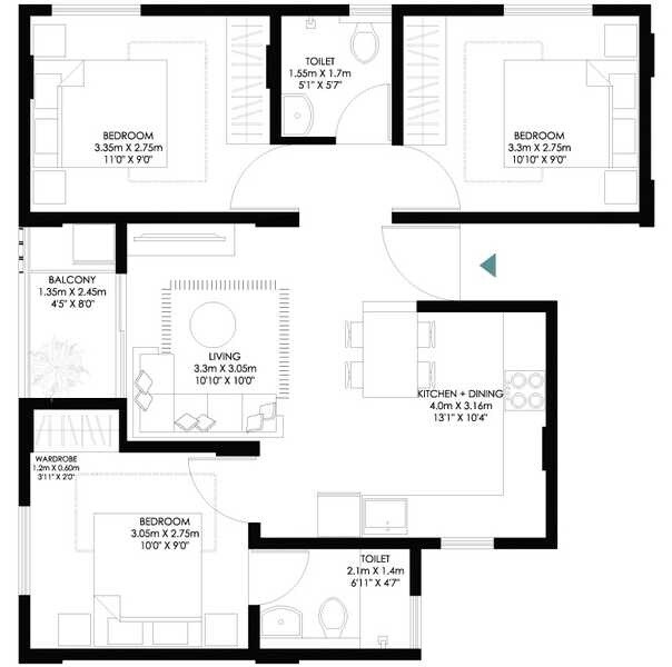 Floor plan of 3 BHK 917 Sq. Ft. Apartment in Modern Soul Tree Serinity, Bangalore
