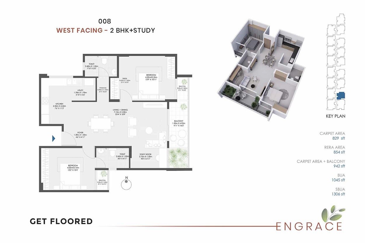 Floor plan of 2 BHK 1306 Sq. Ft. Apartment in Modern Spaaces Engrace, Bangalore