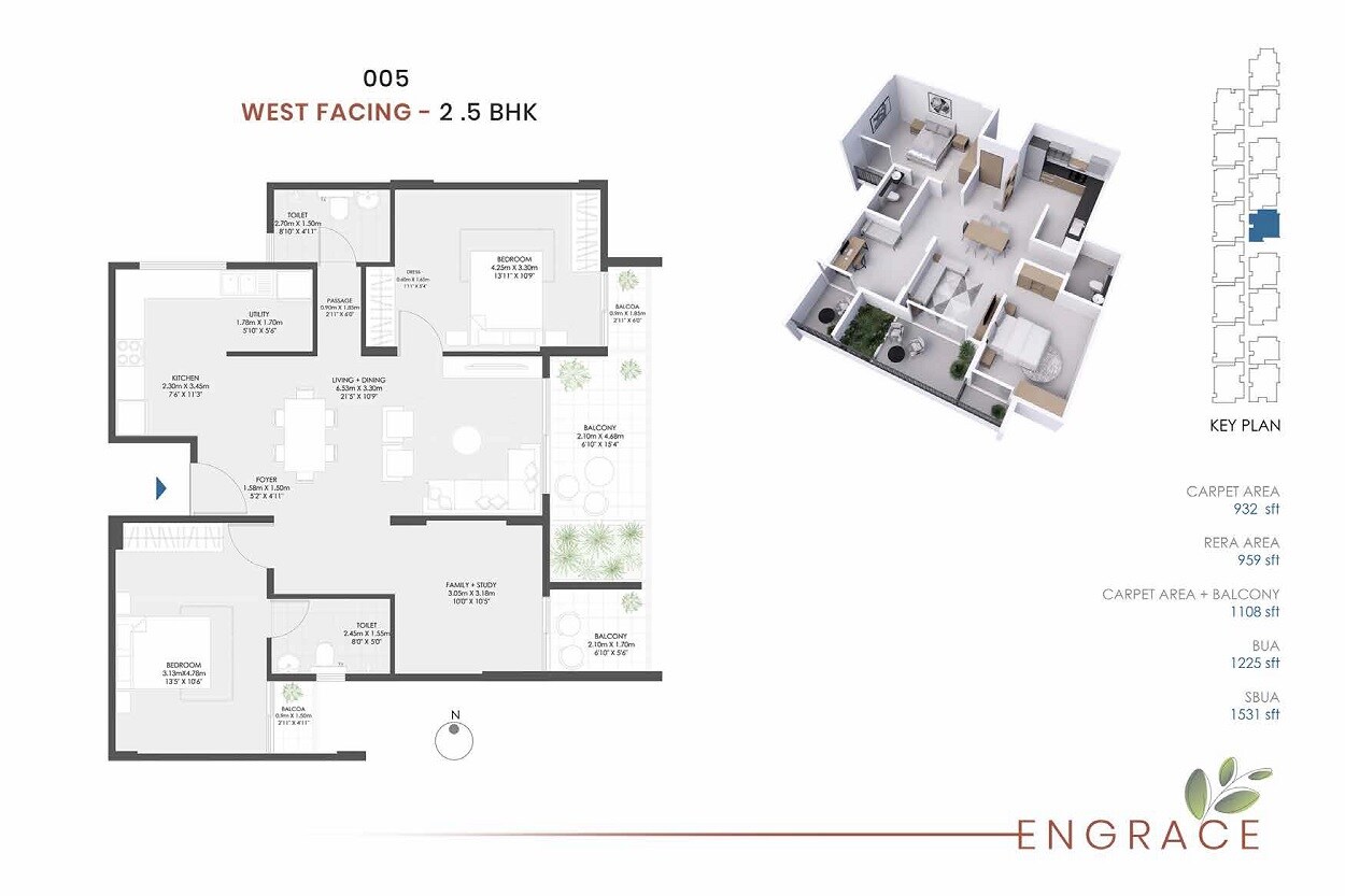 Floor plan of 2 BHK 1531 Sq. Ft. Apartment in Modern Spaaces Engrace, Bangalore