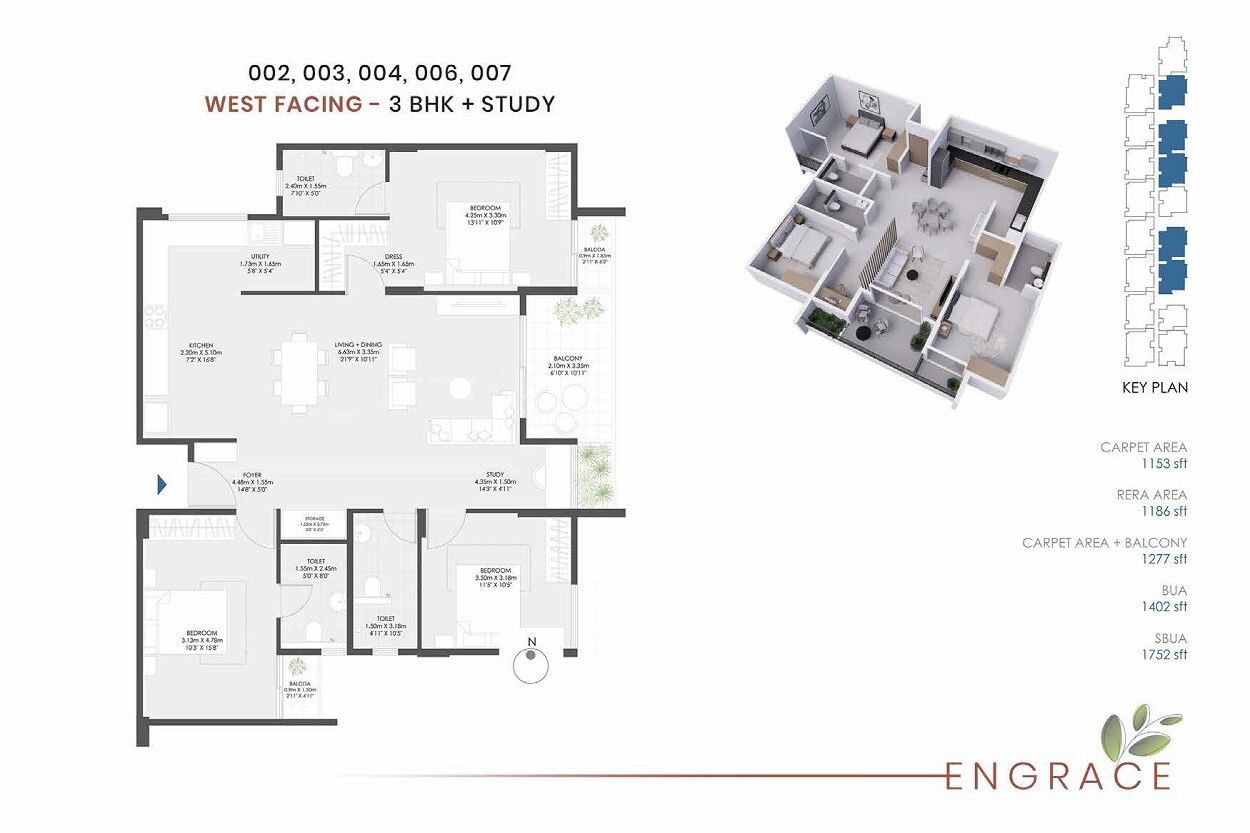 Floor plan of 3 BHK 1752 Sq. Ft. Apartment in Modern Spaaces Engrace, Bangalore