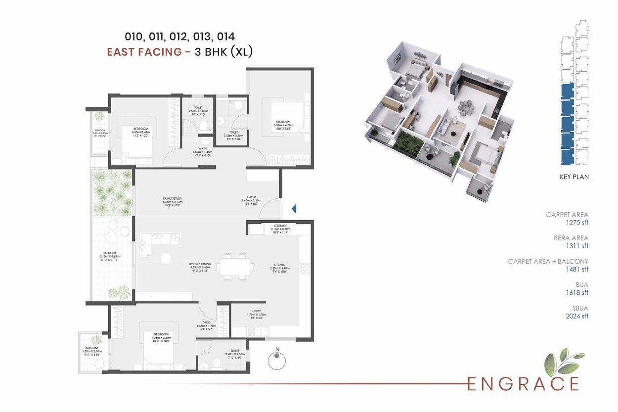 Floor plan of 3 BHK 2024 Sq. Ft. Apartment in Modern Spaaces Engrace, Bangalore