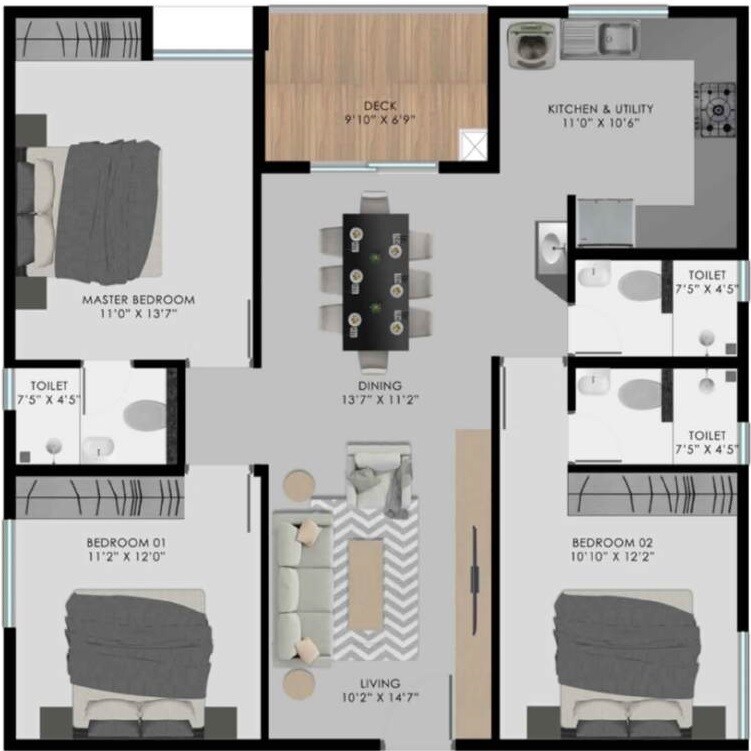 Floor plan of 3 BHK 1410 Sq. Ft. Apartment in Modern Urbanest, Bangalore