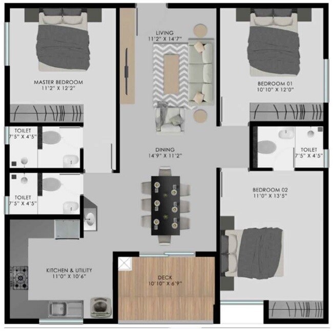 Floor plan of 3 BHK 1445 Sq. Ft. Apartment in Modern Urbanest, Bangalore