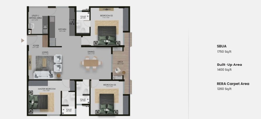 Floor plan of 3 BHK 1750 Sq. Ft. Apartment in Modern Windmere, Bangalore