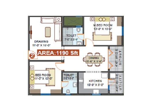 Floor plan of 2 BHK 1190 Sq. Ft. Apartment in Mohan Altura, Bangalore