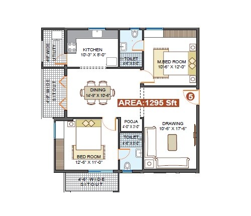 Floor plan of 2 BHK 1295 Sq. Ft. Apartment in Mohan Altura, Bangalore