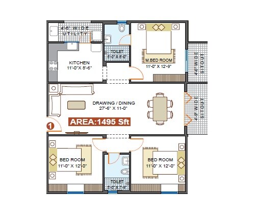 Floor plan of 3 BHK 1495 Sq. Ft. Apartment in Mohan Altura, Bangalore