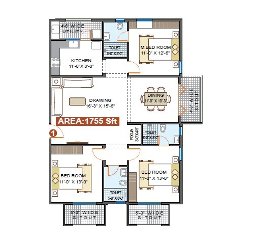 Floor plan of 3 BHK 1755 Sq. Ft. Apartment in Mohan Altura, Bangalore