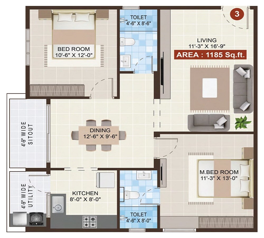 Floor plan of 2 BHK 1185 Sq. Ft. Apartment in Mohan Tritone, Bangalore