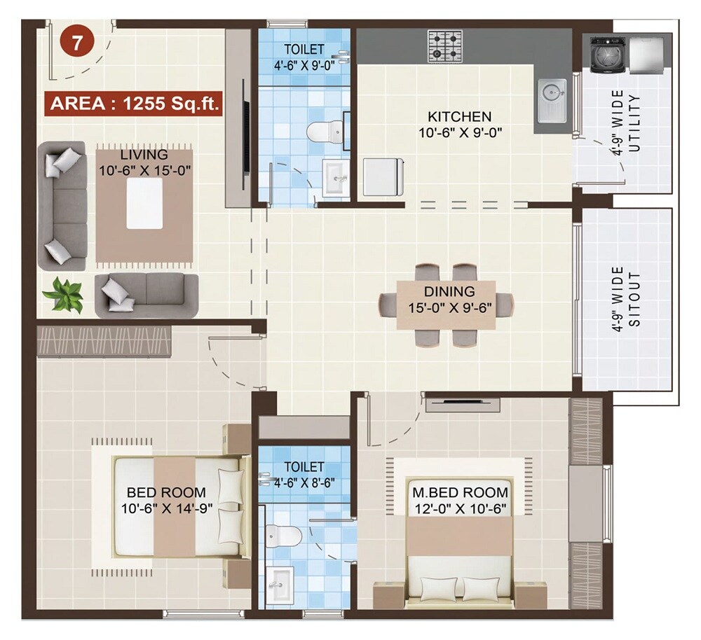 Floor plan of 2 BHK 1255 Sq. Ft. Apartment in Mohan Tritone, Bangalore