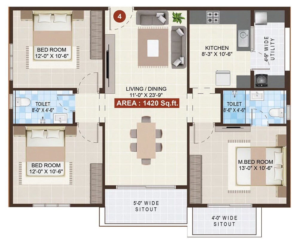 Floor plan of 3 BHK 1420 Sq. Ft. Apartment in Mohan Tritone, Bangalore