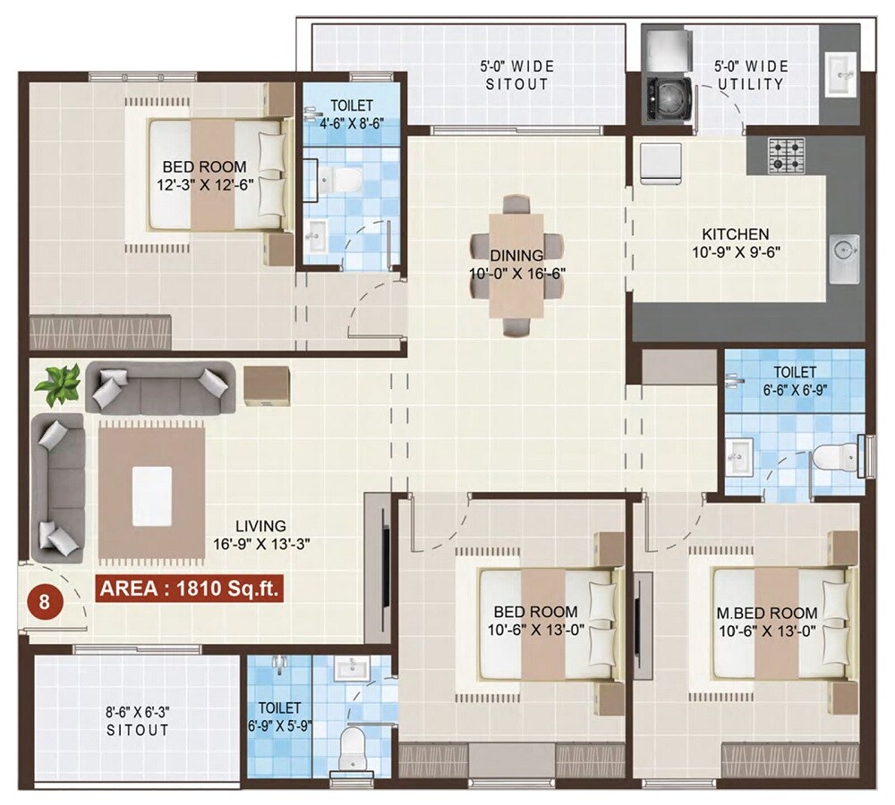 Floor plan of 3 BHK 1810 Sq. Ft. Apartment in Mohan Tritone, Bangalore