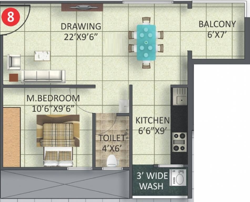 Floor plan of 1 BHK 650 Sq. Ft. Apartment in Moksha Josh Elite, Bangalore