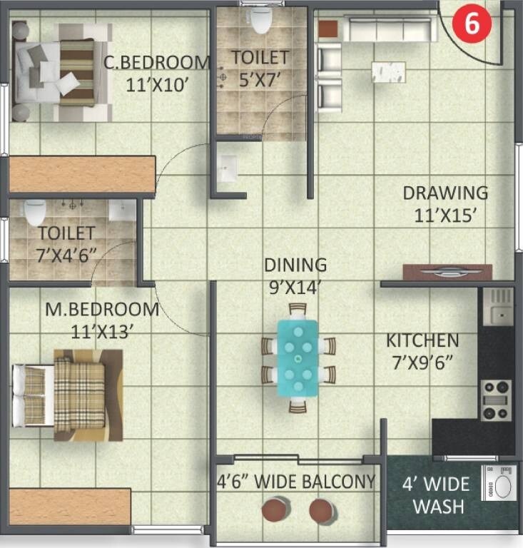 Floor plan of 2 BHK 1040 Sq. Ft. Apartment in Moksha Josh Elite, Bangalore
