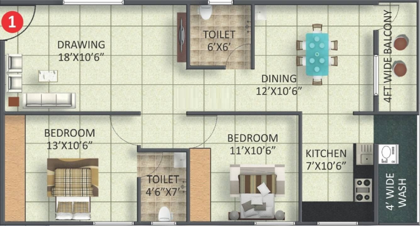 Floor plan of 2 BHK 1145 Sq. Ft. Apartment in Moksha Josh Elite, Bangalore
