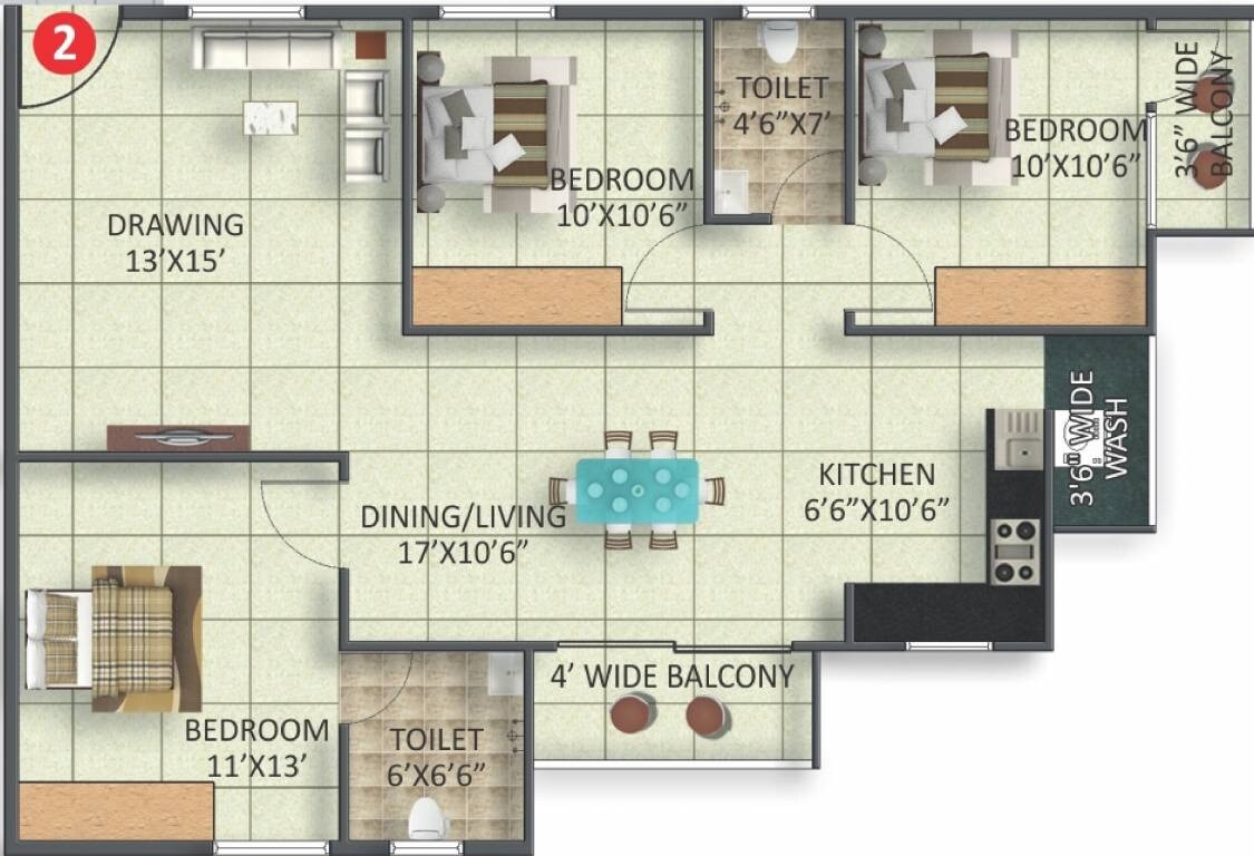 Floor plan of 3 BHK 1325 Sq. Ft. Apartment in Moksha Josh Elite, Bangalore
