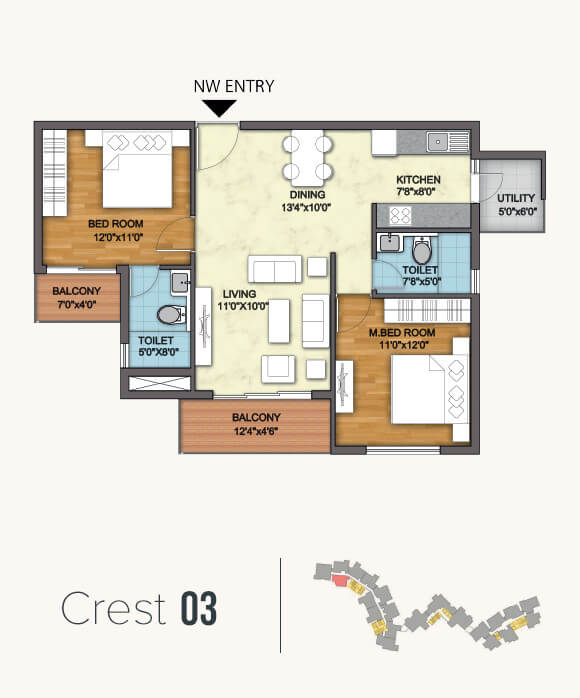 Floor plan of 2 BHK 1103 Sq. Ft. Apartment in Monarch Aqua, Bangalore