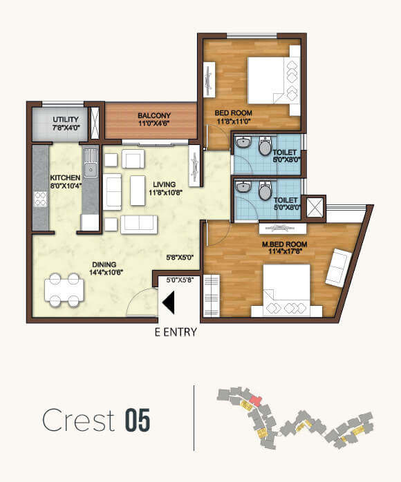 Floor plan of 2 BHK 1248 Sq. Ft. Apartment in Monarch Aqua, Bangalore