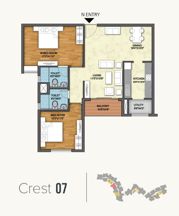 Floor plan of 2 BHK 1282 Sq. Ft. Apartment in Monarch Aqua, Bangalore
