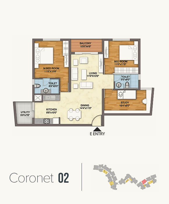 Floor plan of 2 BHK 1347 Sq. Ft. Apartment in Monarch Aqua, Bangalore