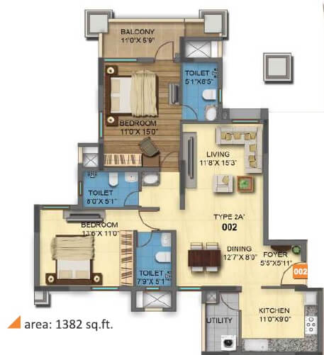 Floor plan of 2 BHK 1382 Sq. Ft. Apartment in Monarch Aqua, Bangalore
