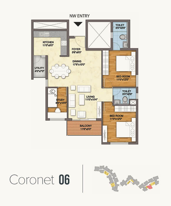 Floor plan of 2 BHK 1217 Sq. Ft. Apartment in Monarch Aqua, Bangalore