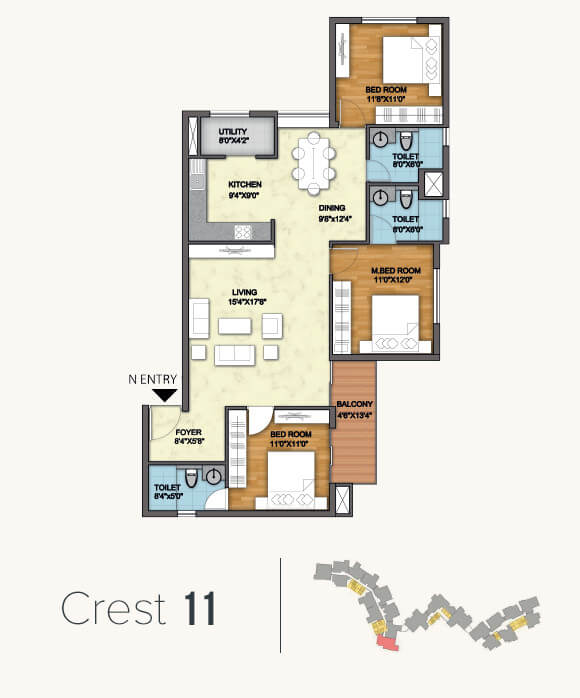 Floor plan of 3 BHK 1572 Sq. Ft. Apartment in Monarch Aqua, Bangalore