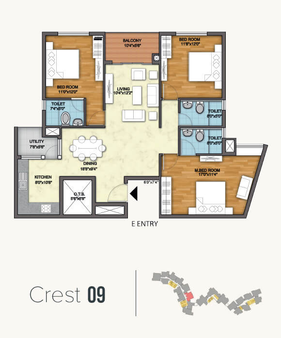 Floor plan of 3 BHK 1590 Sq. Ft. Apartment in Monarch Aqua, Bangalore