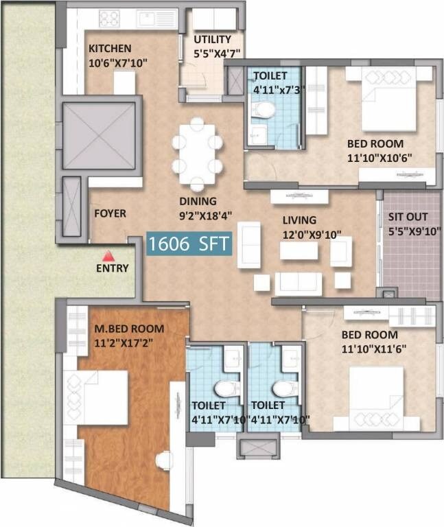 Floor plan of 3 BHK 1606 Sq. Ft. Apartment in Monarch Aqua, Bangalore